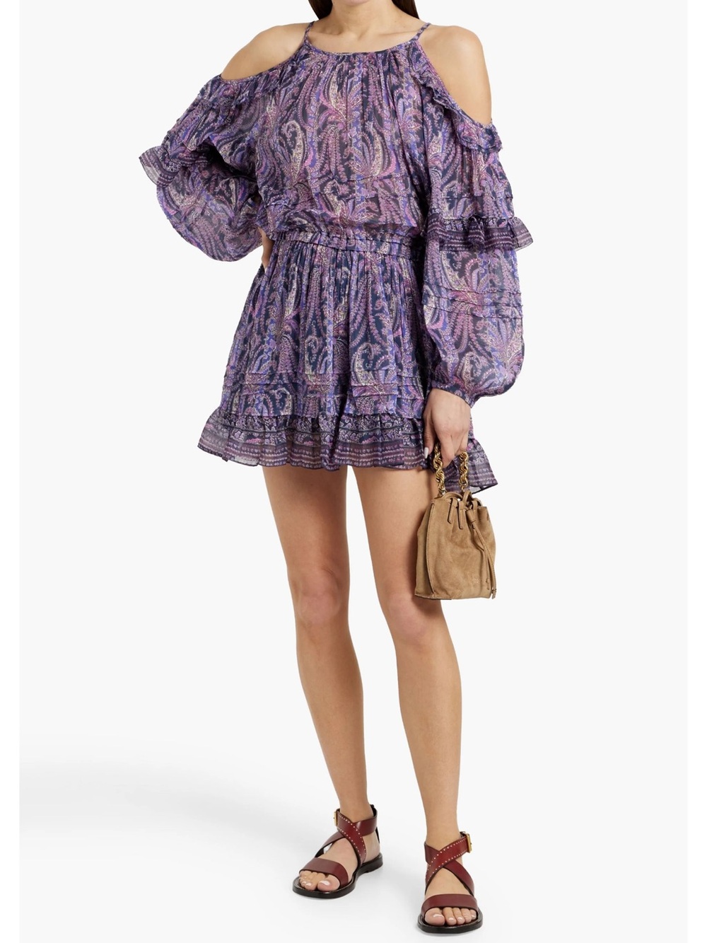 Purple Paisley Cold-Shoulder Mini Dress with Tiered Hem